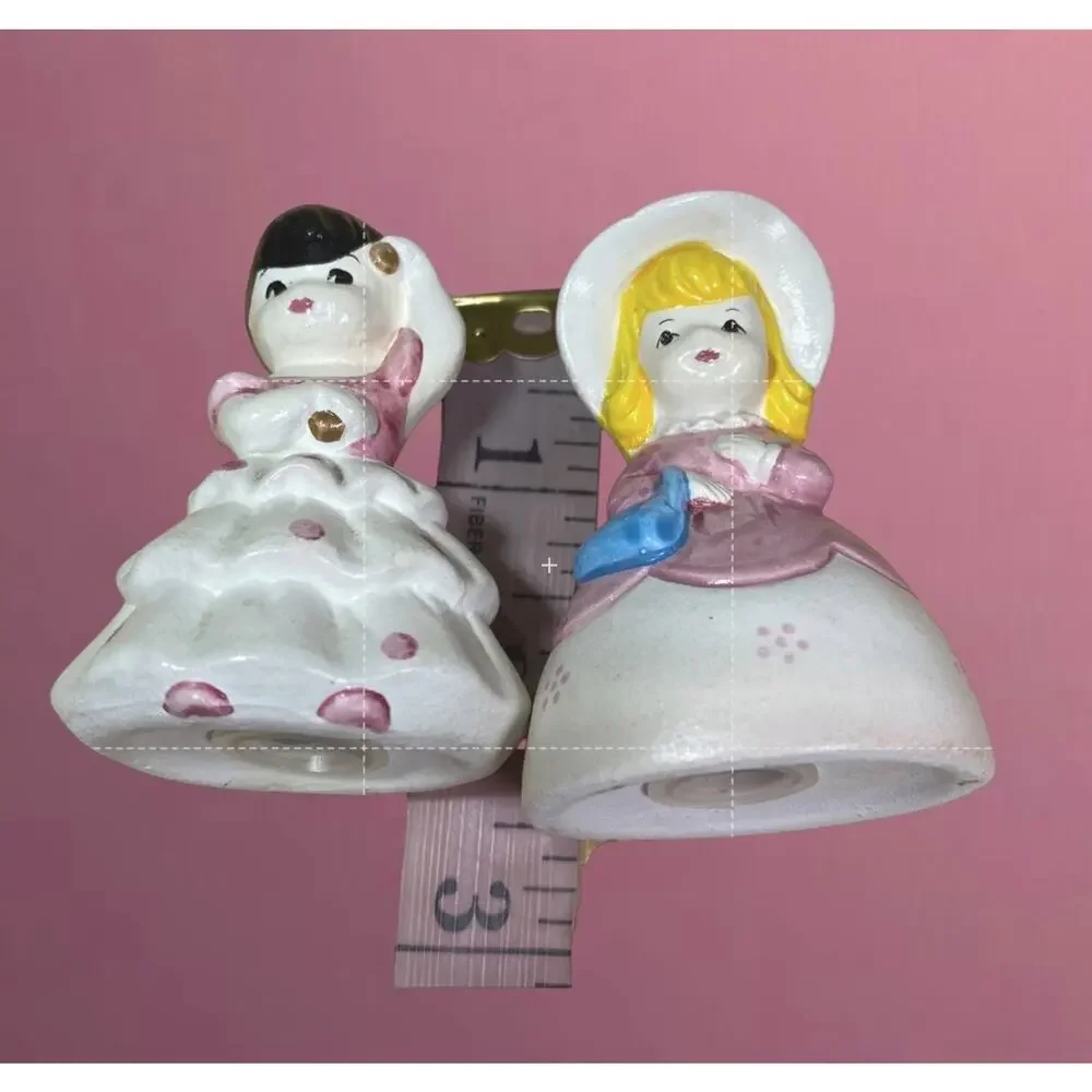 Vintage Storybook Girl Salt & Pepper Shakers Ceramic Pair Pink Mid Century